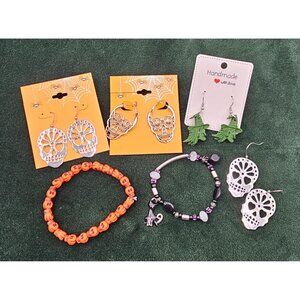 Halloween-Themed Costume Jewelry Lot Earrings & Bracelets Skull & Witch Designs
